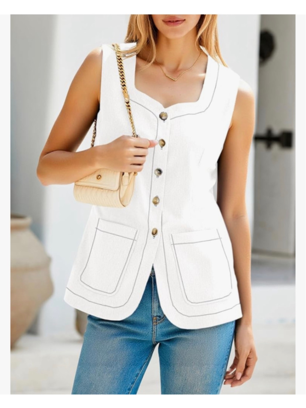 NEW Cream Square Neck Denim Vest Button Down Sleeveless Jean Waistcoat M - Picture 4 of 6